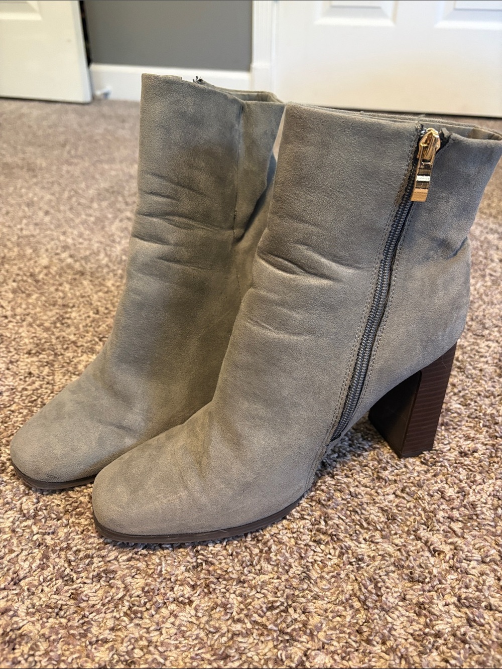 JustFab Taupe Suede Ankle Booties with Side Zip